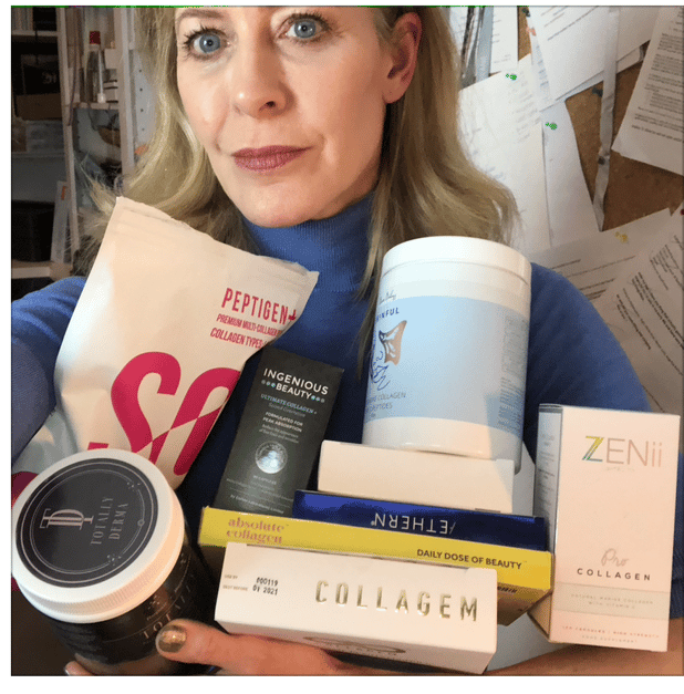 Image of writer Alice Hart-Davis with collagen supplement products in her arms 